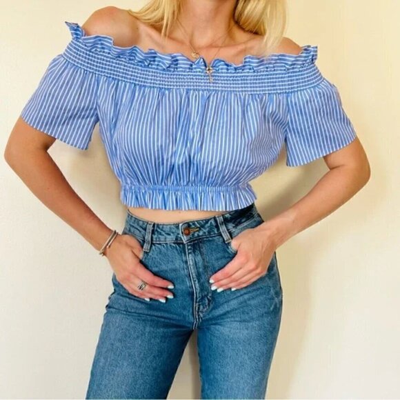 Zara Crop Top XS Off Shoulder Striped Ruffle Back Tie Summer Blue White Cinched - Picture 4 of 10